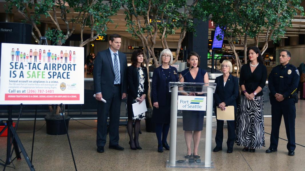 From L to R: FBI Supervisory Special Agent Johannes Van Den Hoogen; Alaska Airlines VP of People Andy Schneider; Association of Flight Attendants-CWA Local 19 President Terry Taylor; Port of Seattle Commission President Courtney Gregoire; U.S. Senator Patty Murray; Allison Dvaladze; Port of Seattle Deputy Police Chief Michael Villa.