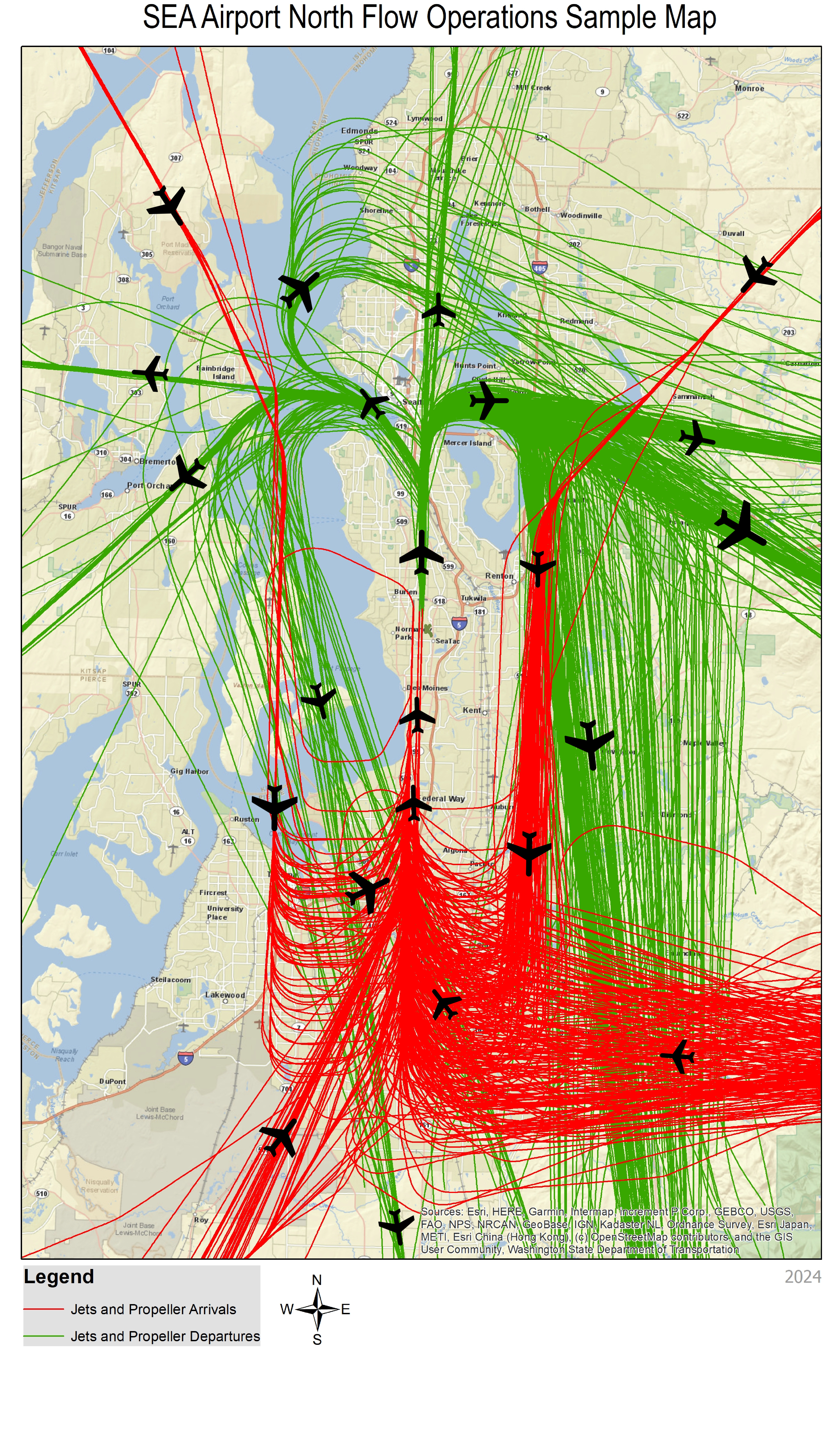 informative map shows north flow air traffic operations for seatac airport