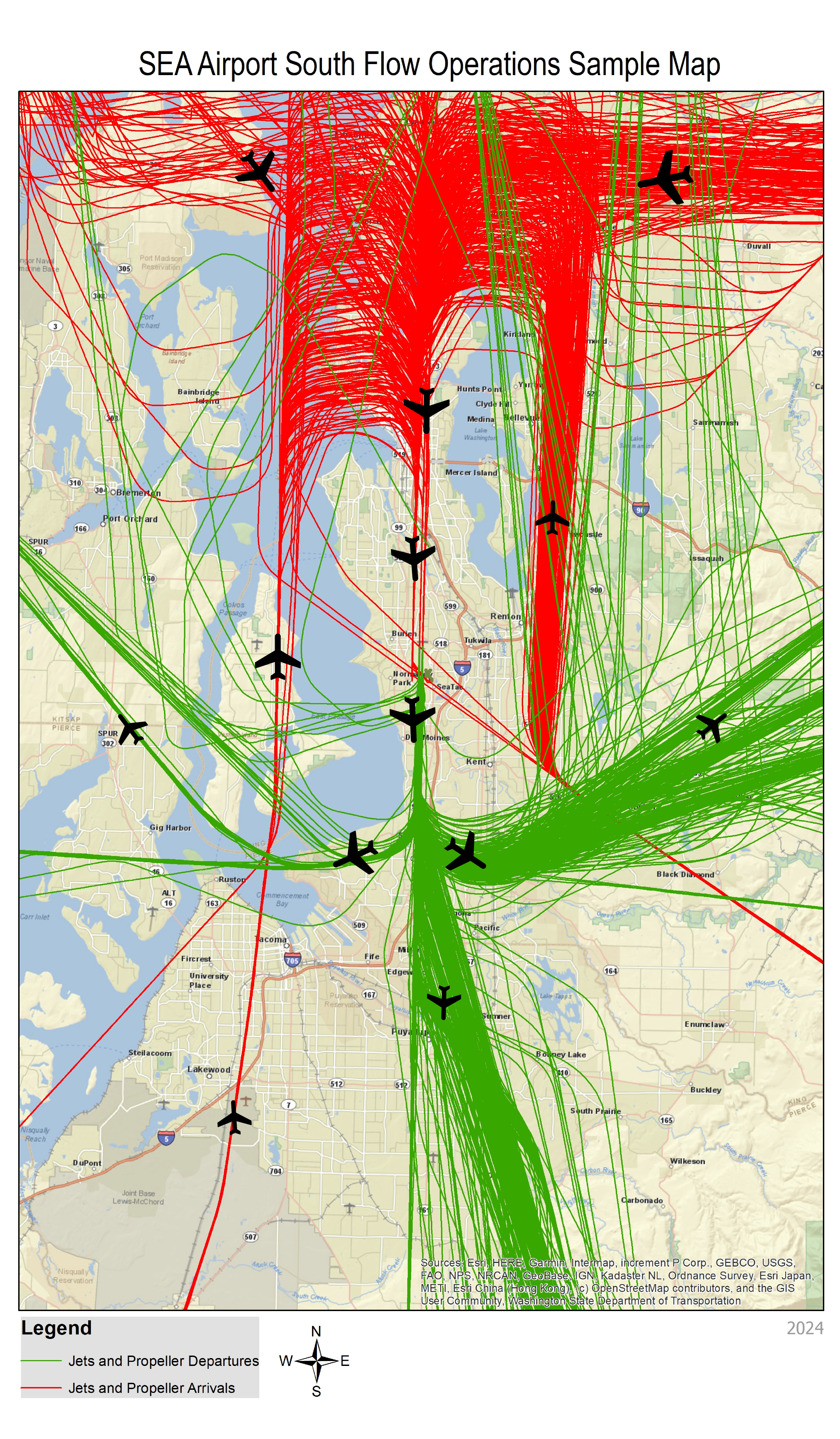 informative map of south flow flight patterns for seatac airport