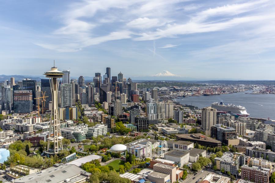 Aerial view of Seattle with cruise ships in Elliot Bay