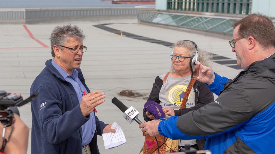 Commissioner Felleman at a press conference announcing solar panels at Pier 69 Port of Seattle Headquarters, March, 2019