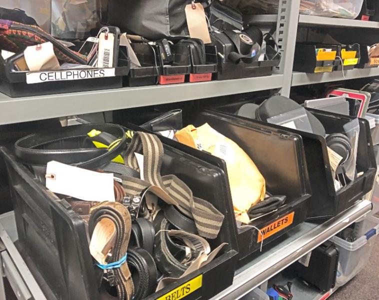 Lost and found shelves at Sea-Tac Airport