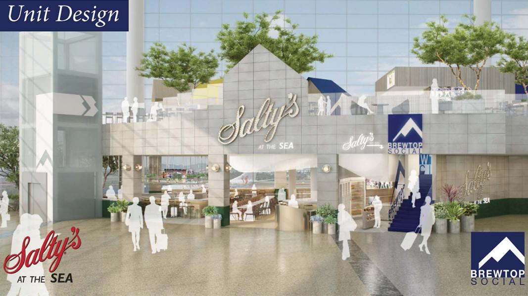 Rendering of Salty's at SEA and BrewTop Socical at Northend of Central Terminal