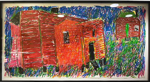 Painting showing a red house