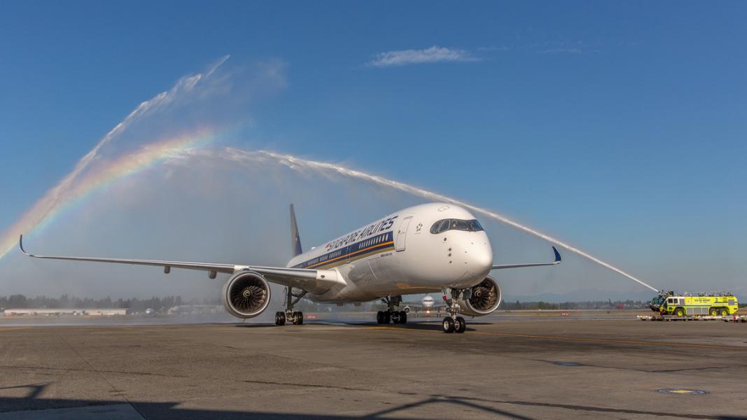 The inaugural flight of Singapore Airlines is welcomed with a water turret salut at SEA Sept. 3, 2019