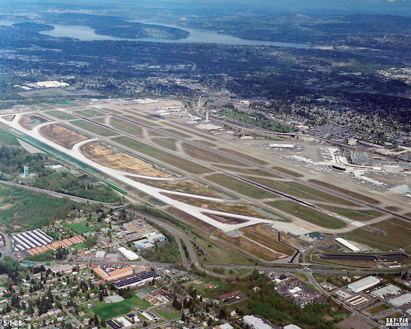 An aerial view of SEA's third runway, which was completed and opened in 2008