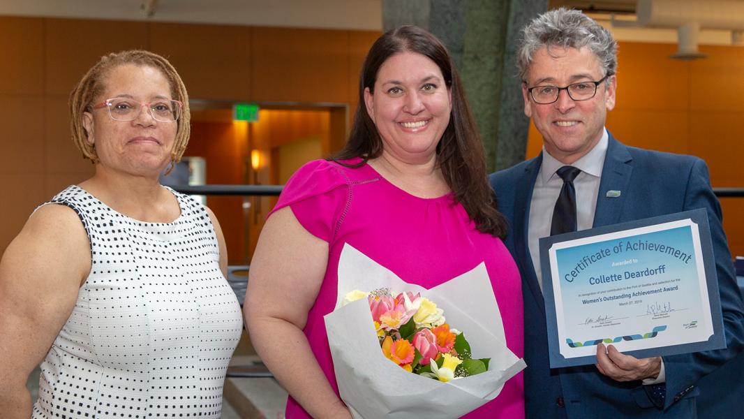 Commissioner Felleman with Women's Outstanding Achievement recipient Colette Deardorff and Program Manager Traci Patterson, Port of Seattle, May 2019