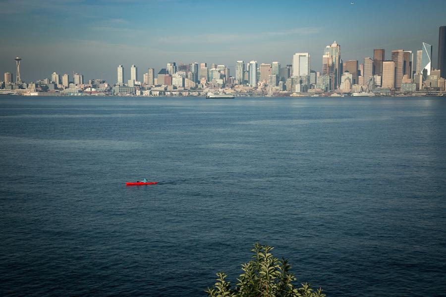 Seattle skyline with kayaker in the front