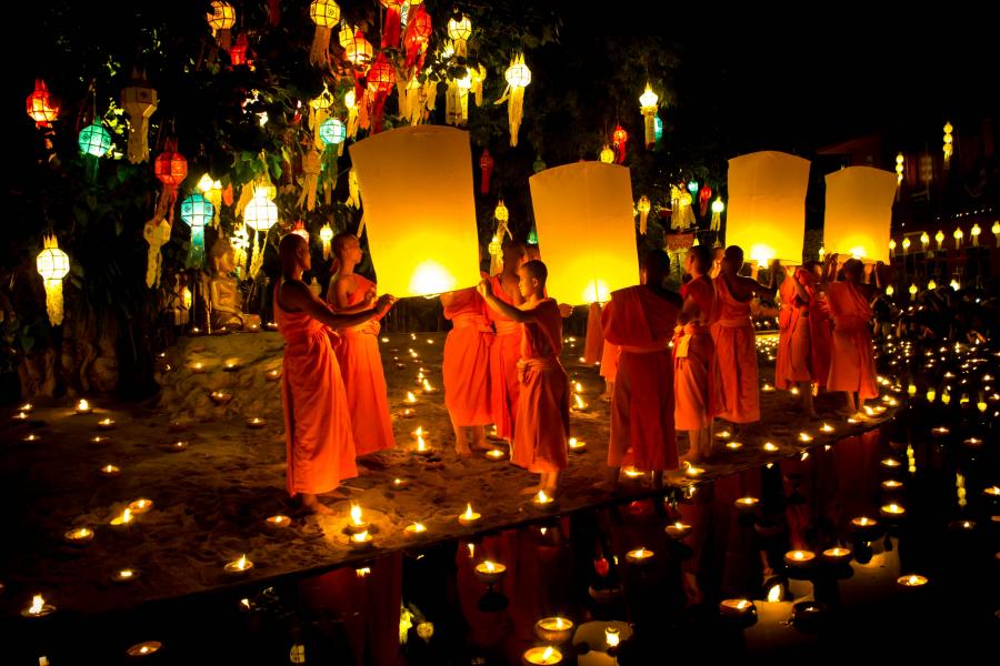 Thailand lanterns in the sky and water