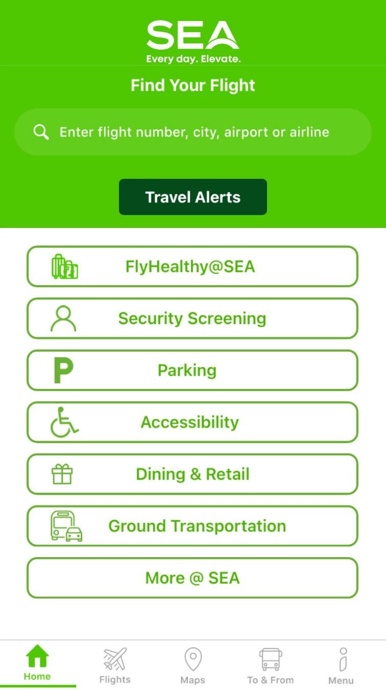 Screenshot of the SEA App home page and navigation