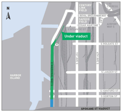 Overview map of south Seattle and its industrial core with East Marginal Way outlined in green